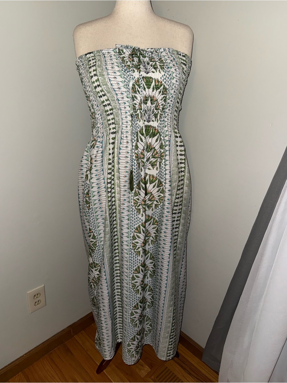 Agnes B. White and Green Strapless Maxi Dress